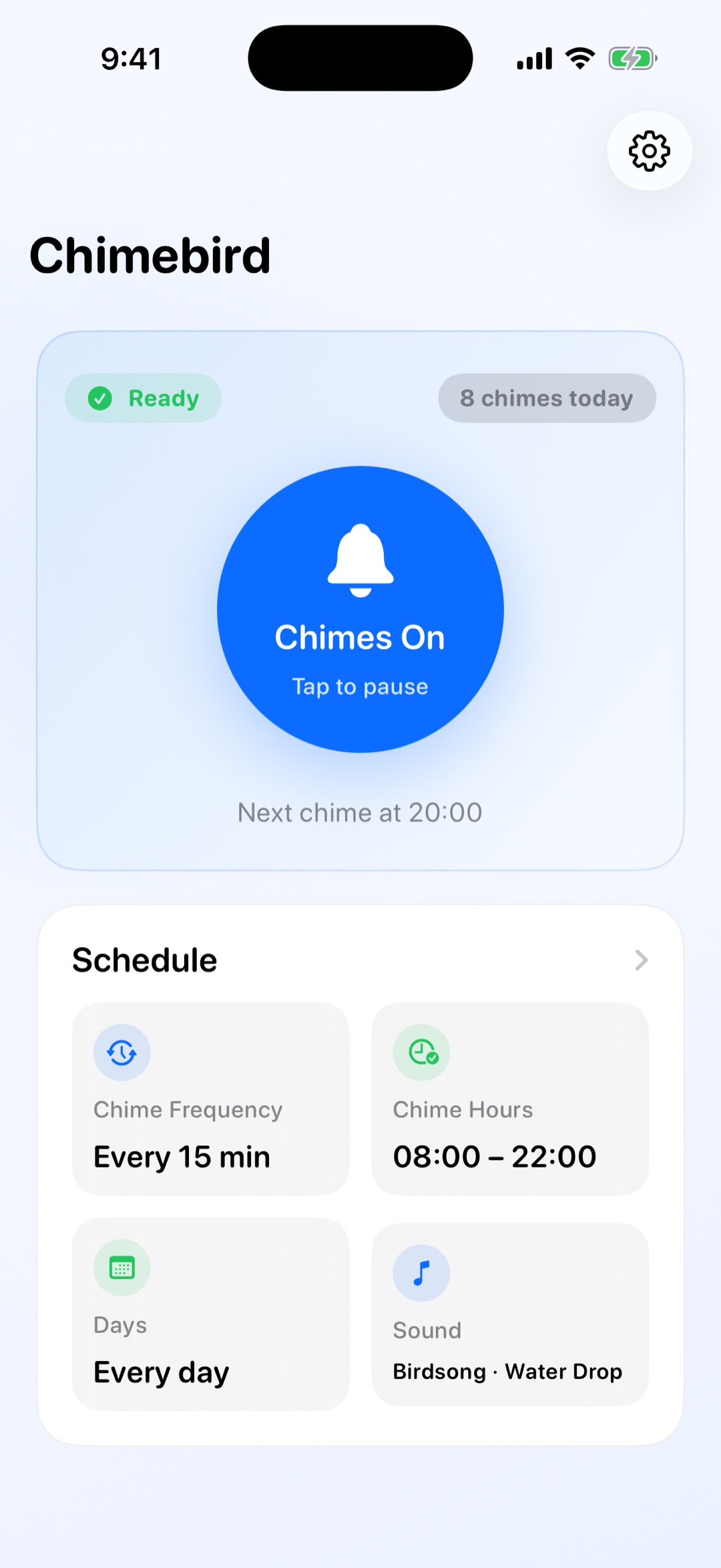 Chimebird main screen — hourly chime controls
