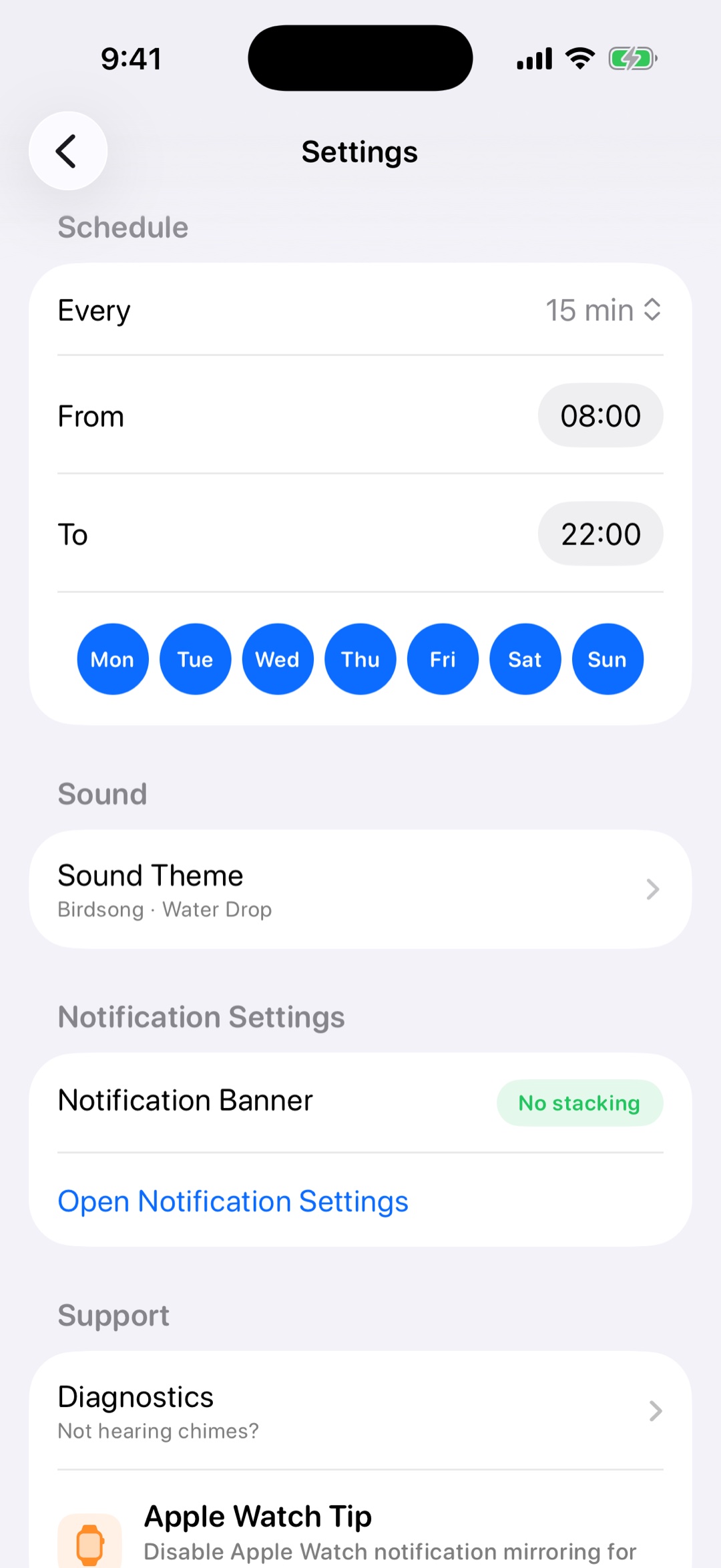 Chimebird settings — active hours, weekday filter